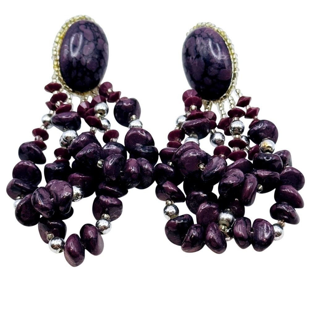 VTG Earrings Cluster 80s Runway Beaded Dangle Statement Lucite Pierced Purple